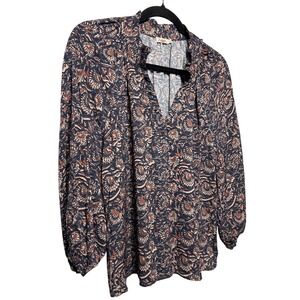 Faherty Portia Ruffle Neck Puff Sleeve Top Navy Brown Size Small‎ Retail $138